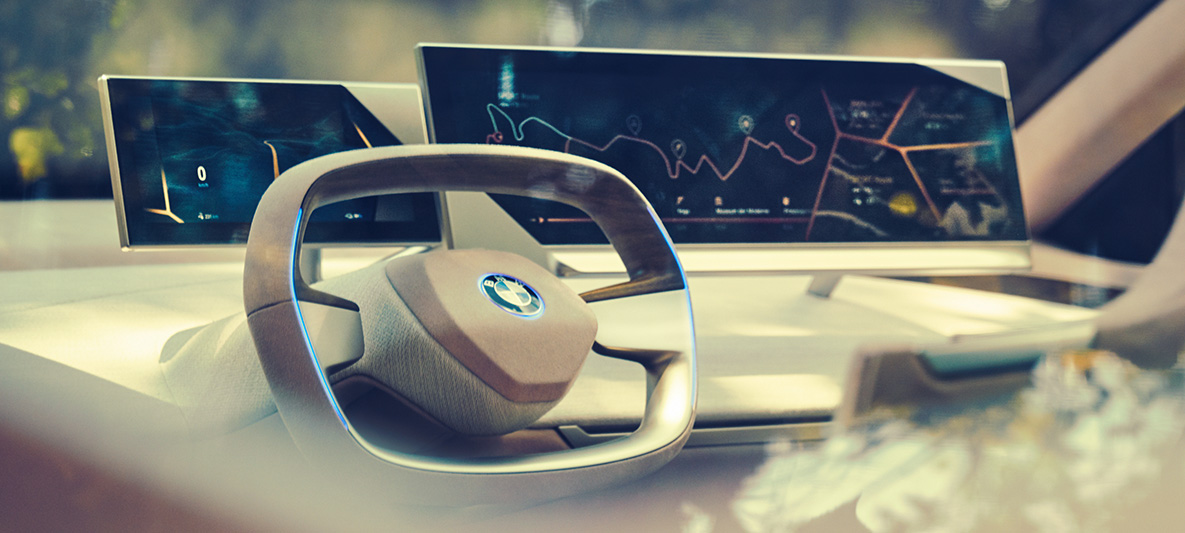 Interior do BMW Vision iNEXT Interior do BMW Vision iNEXT com volante e painel de instrumentos