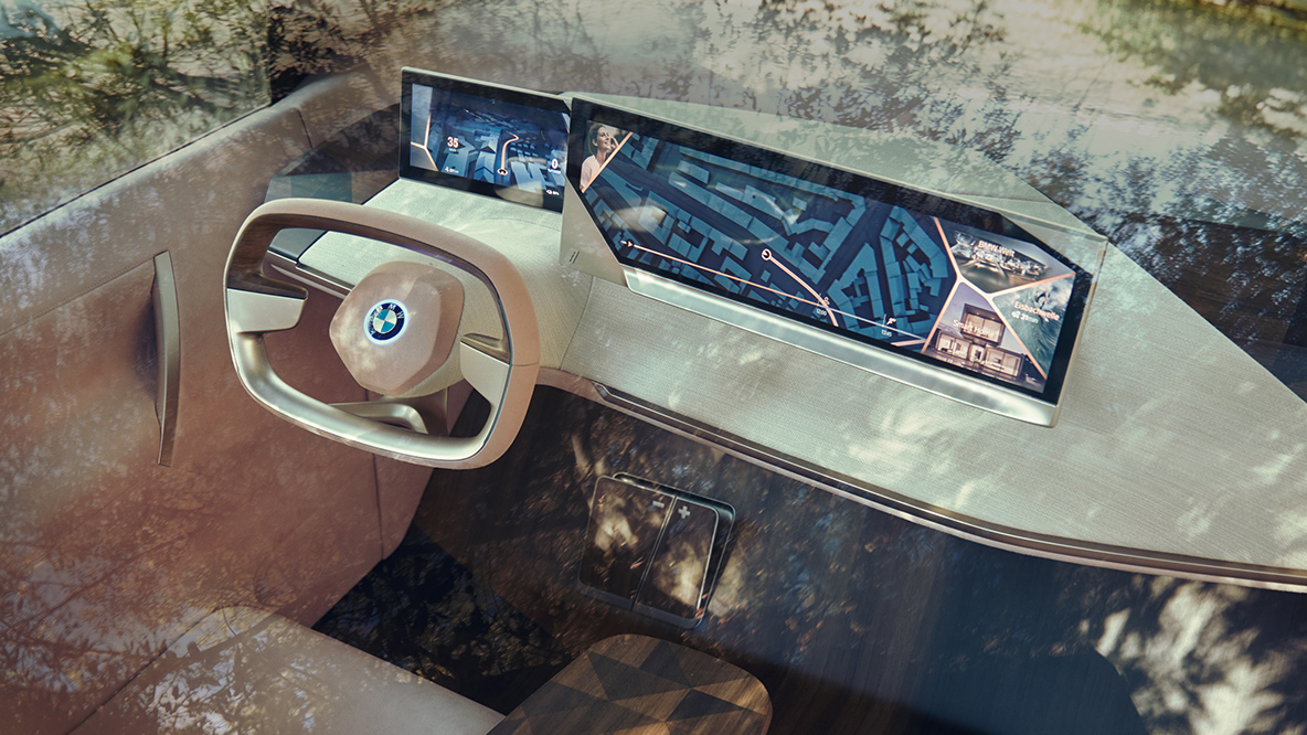 Lugar do condutor do BMW Vision iNEXT Lugar do condutor do BMW Vision iNEXT com volante e tablier