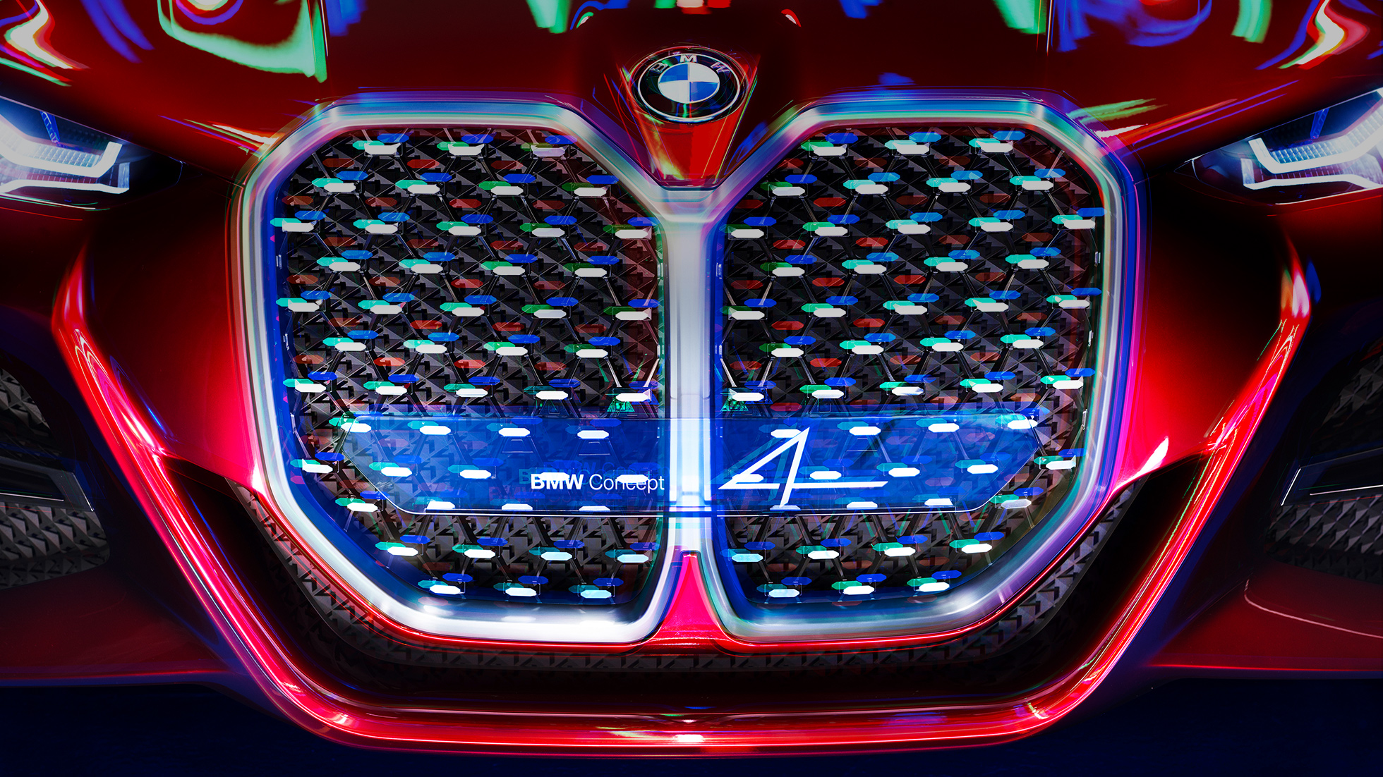 Grelha BMW em forma de rim vertical, BMW 4 Concept Grelha BMW em forma de rim vertical com elementos em cristal espelhado, BMW 4 Concept em vermelho Forbidden, design exterior