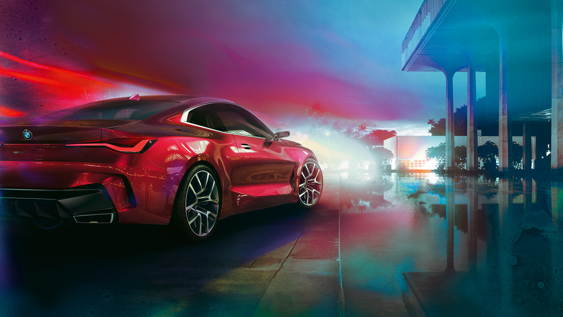 BMW 4 Concept, perspetiva traseira a três quartos BMW 4 Concept em vermelho Forbidden, design exterior, perspetiva traseira a três quartos