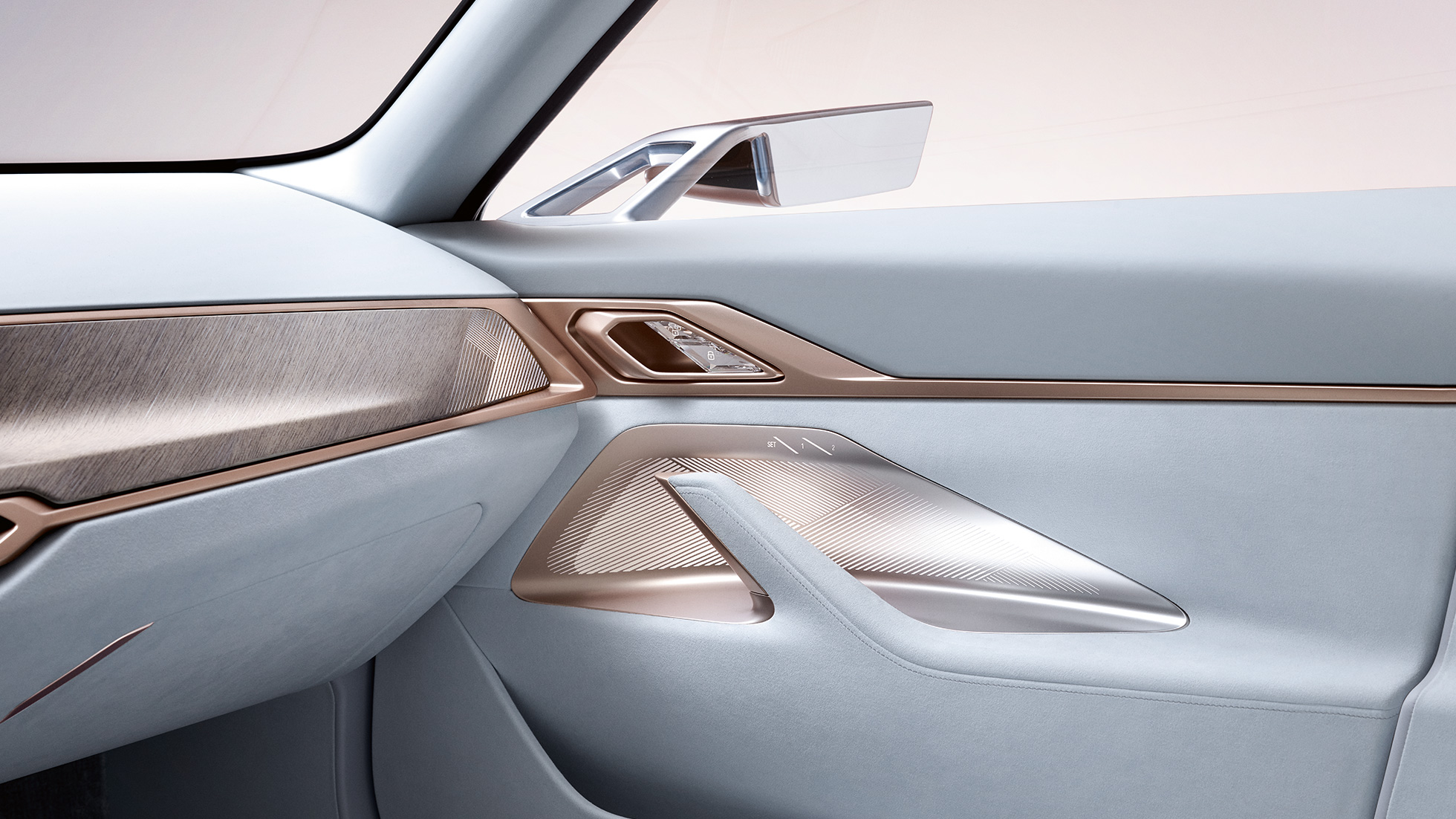 Interior 4 do Concept BMW i4 2020 G26 Interior 4 do Concept BMW i4 2020 G26, automóvel elétrico, grande plano da porta e do espelho retrovisor deste Gran Coupé BMW totalmente elétrico