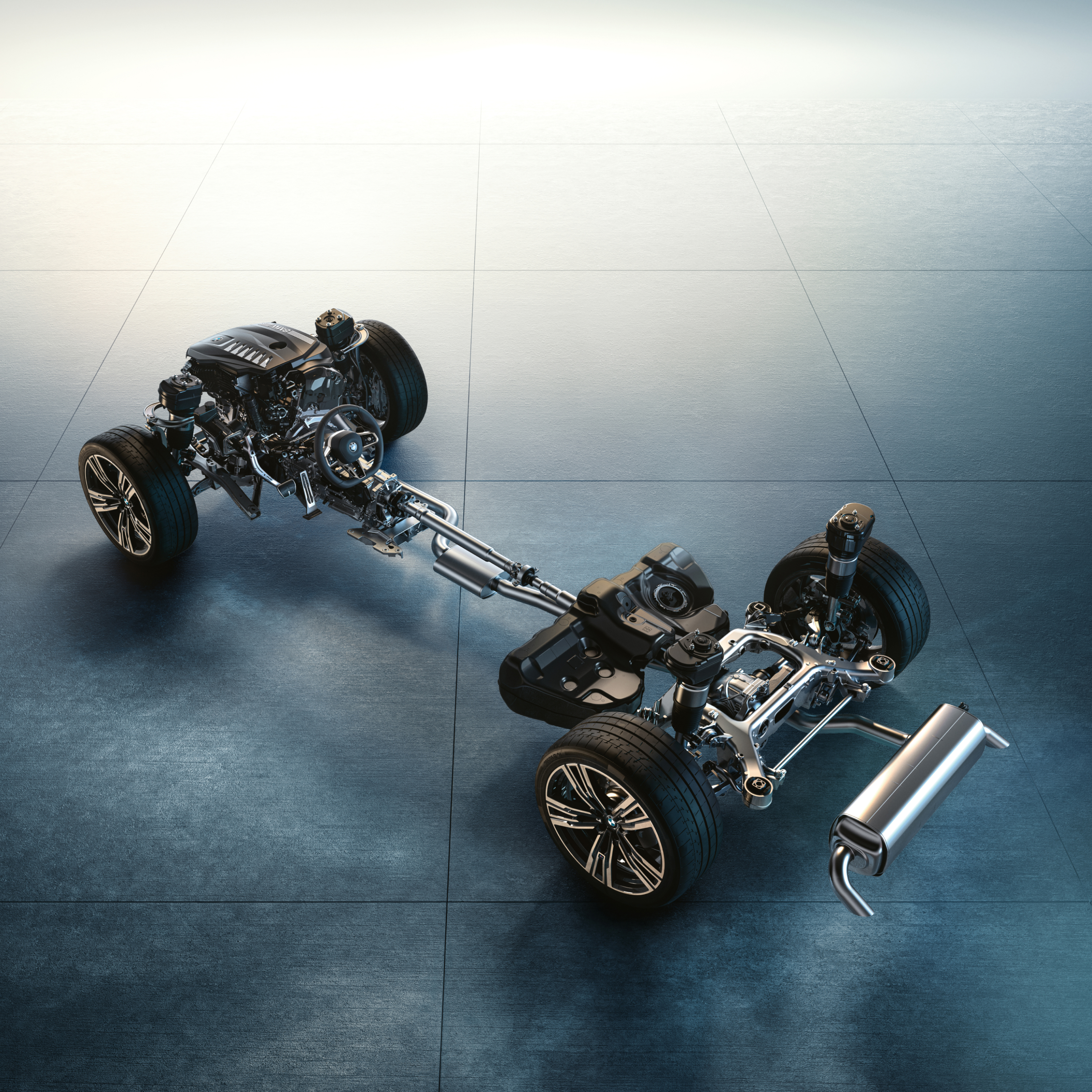 O chassis de um BMW é mostrado em pormenor 