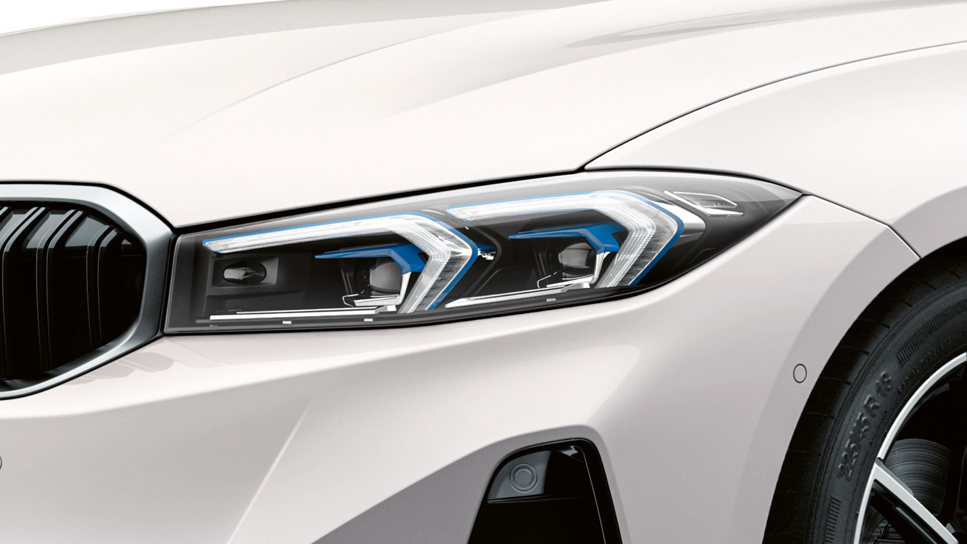 Visualizador de danos exteriores BMW, perspetiva dianteira a três quartos, faróis, grande plano