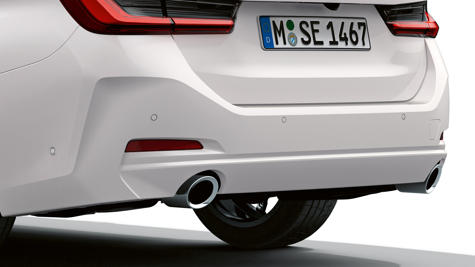 Visualizador de danos exteriores BMW, perspetiva traseira a três quartos, para-choques traseiro, grande plano